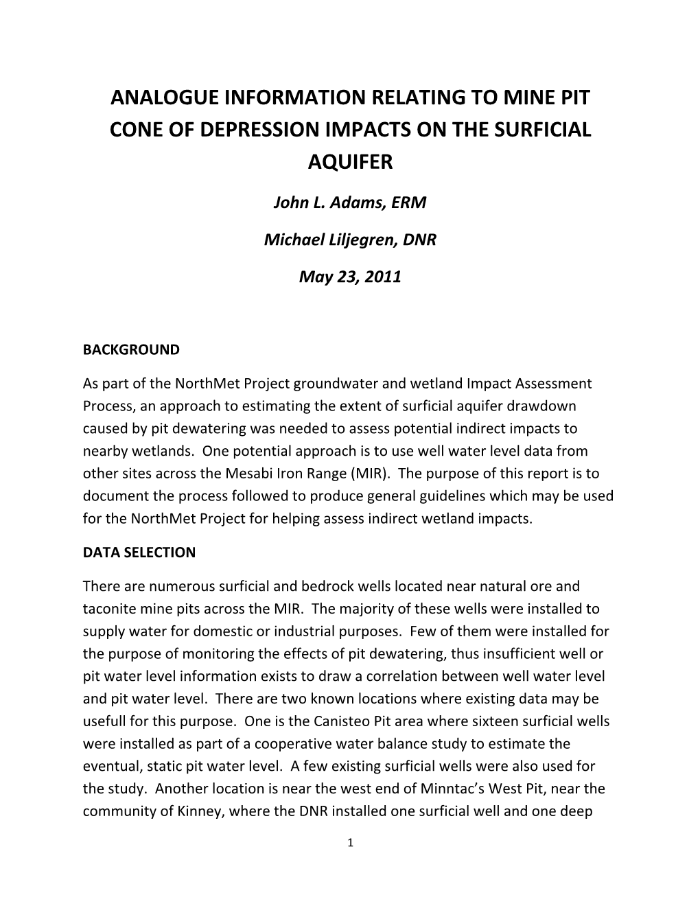 Analogue Information Relating to Mine Pit Cone of Depression Impacts on the Surficial Aquifer