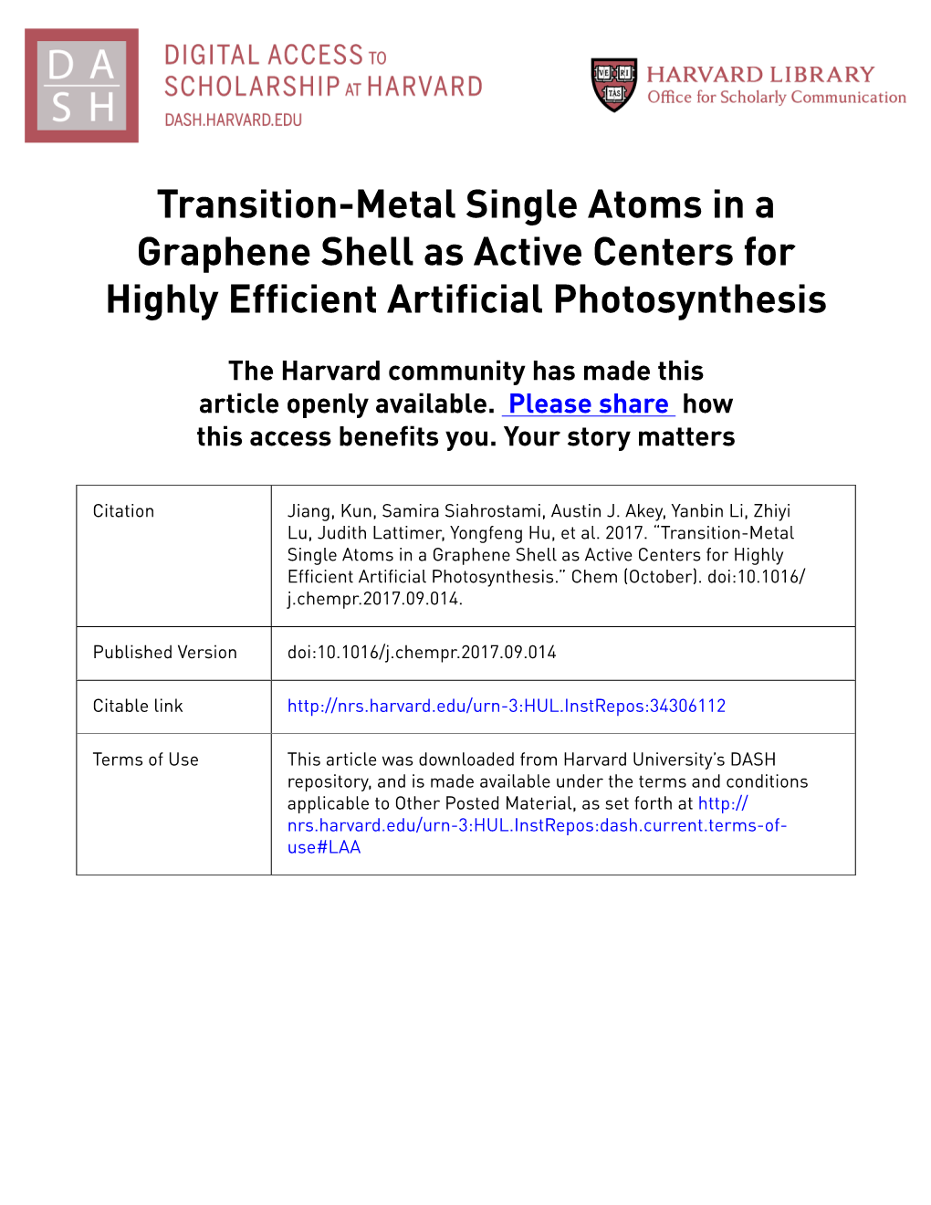 Transition-Metal Single Atoms in a Graphene Shell As Active Centers for Highly Efficient Artificial Photosynthesis