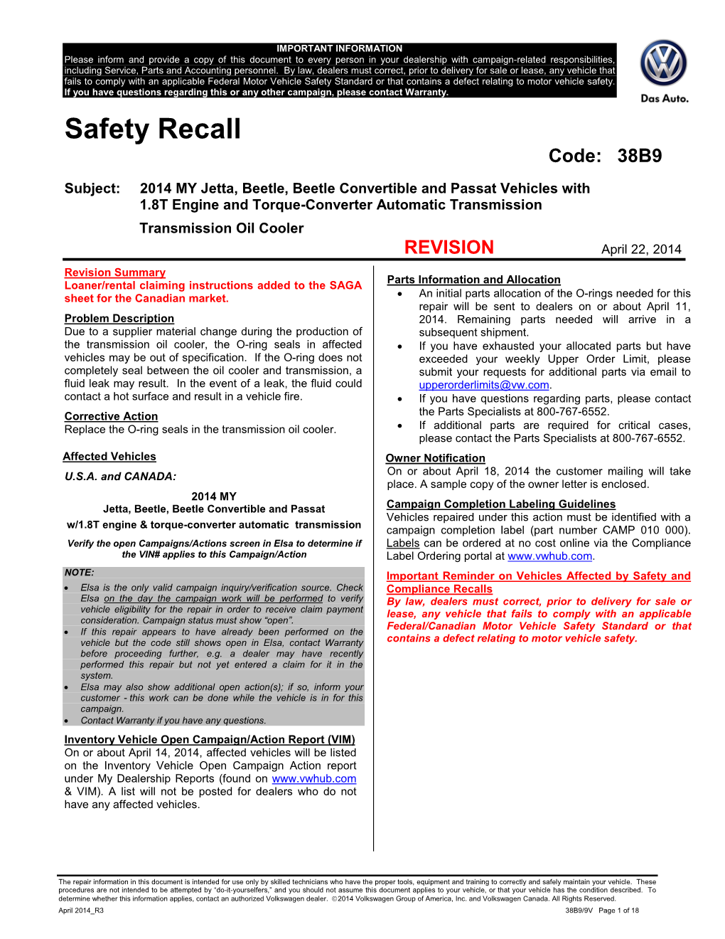 Safety Recall Code: 38B9