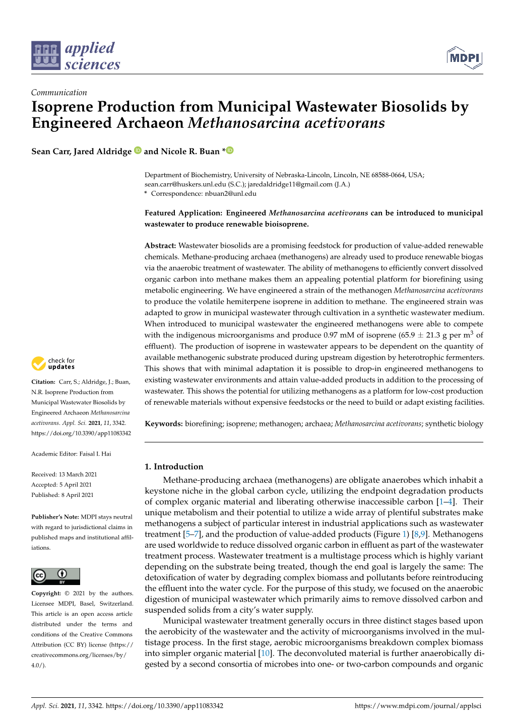 Isoprene Production from Municipal Wastewater Biosolids by Engineered Archaeon Methanosarcina Acetivorans