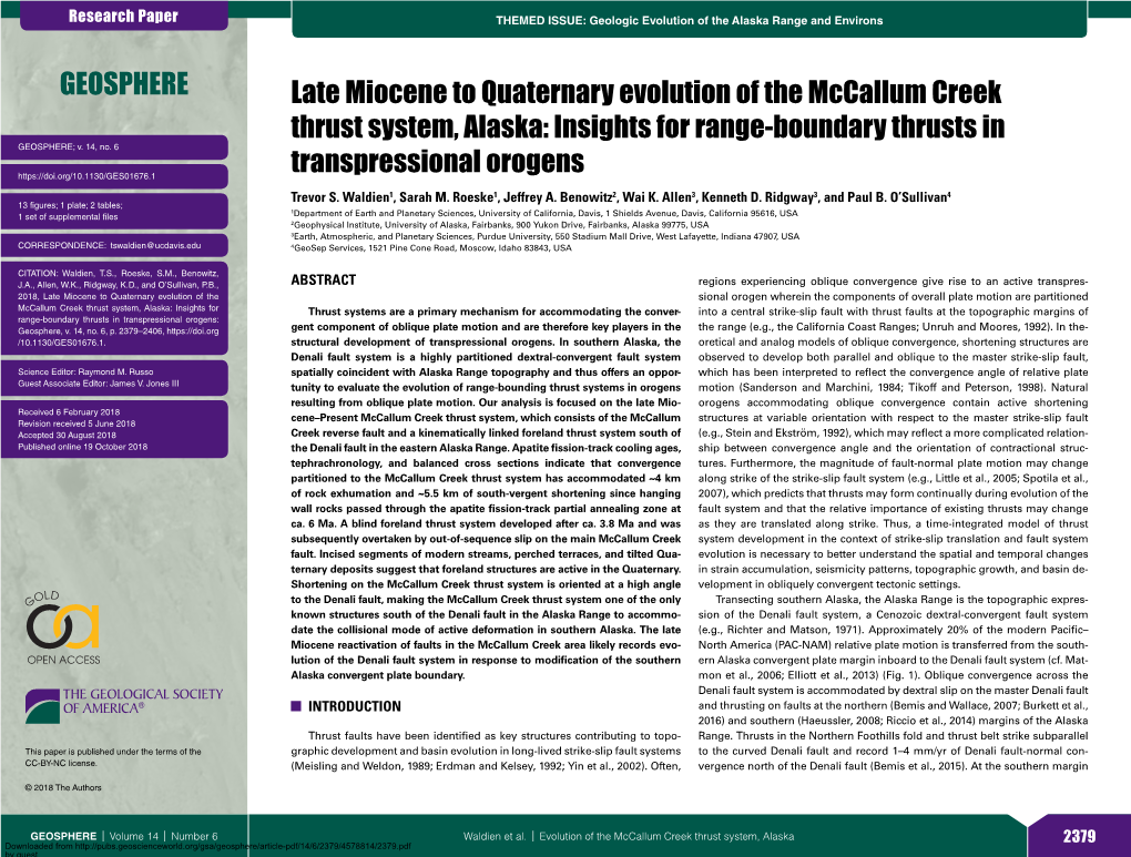 Late Miocene to Quaternary Evolution of the Mccallum Creek Thrust System, Alaska: Insights for Range-Boundary Thrusts in GEOSPHERE; V