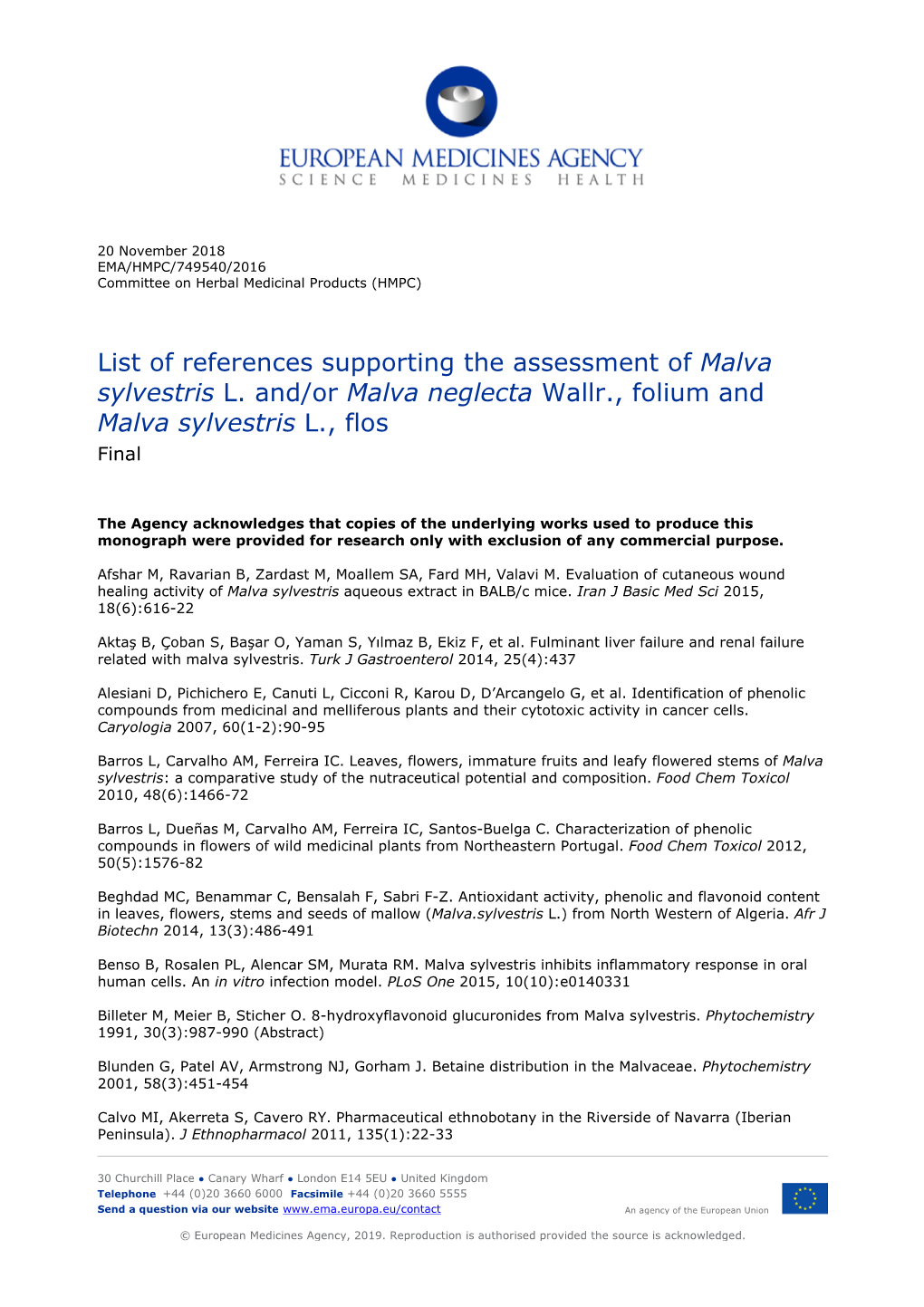 List of References Supporting the Assessment of Malva Sylvestris L