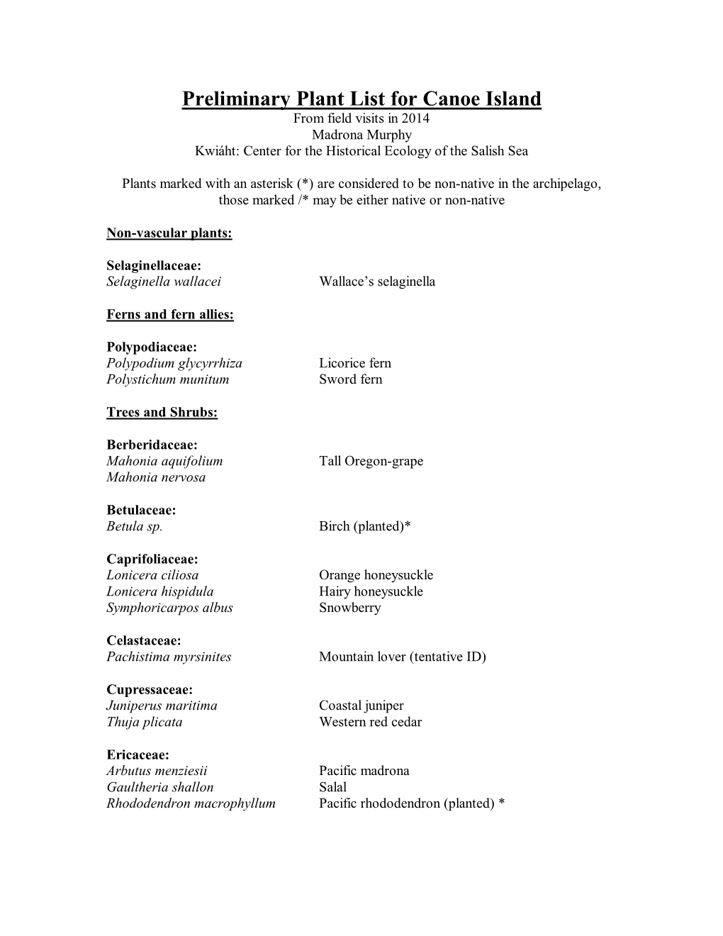 Preliminary Plant List for Canoe Island from Field Visits in 2014 Madrona Murphy Kwiáht: Center for the Historical Ecology of the Salish Sea