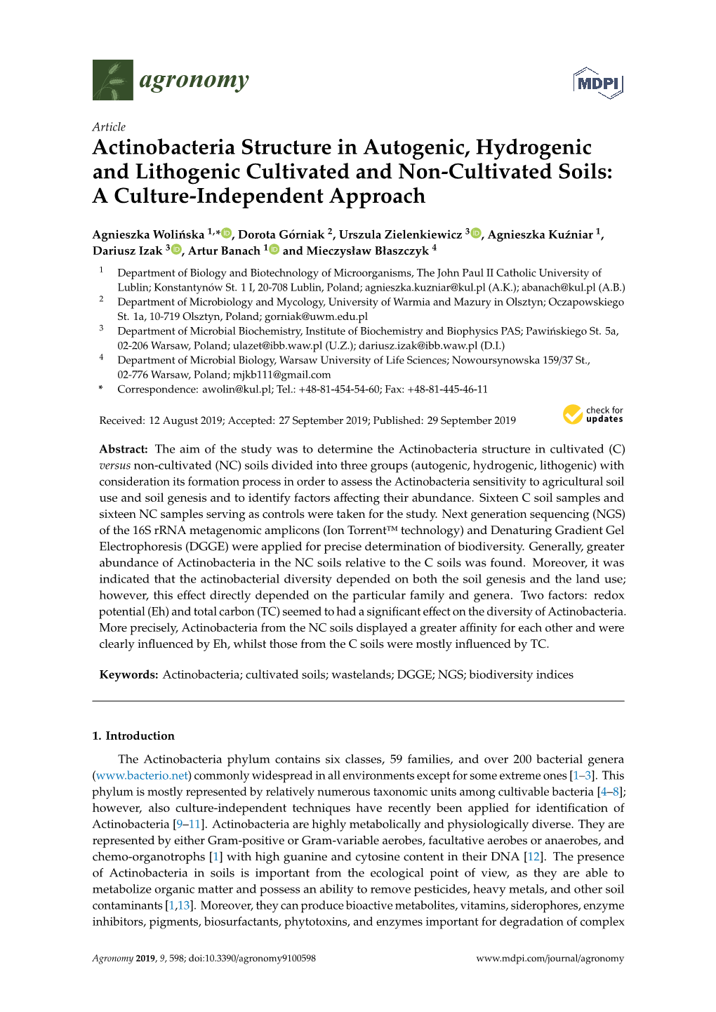 Actinobacteria Structure in Autogenic, Hydrogenic and Lithogenic Cultivated and Non-Cultivated Soils: a Culture-Independent Approach