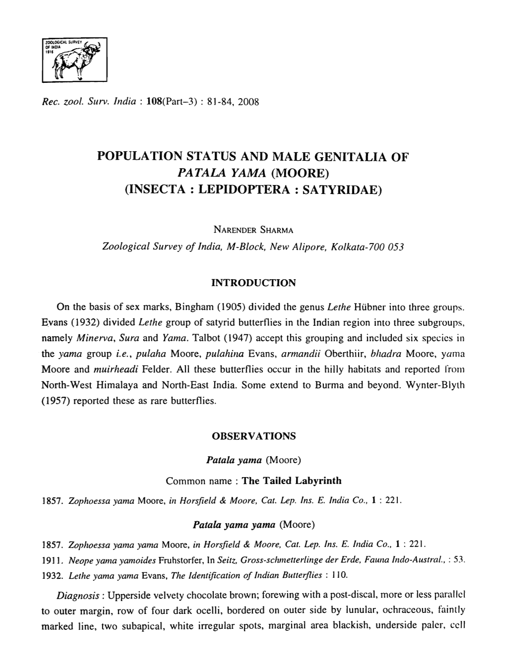 Population Status and Male Genitalia of Patala Yama (Moore) (Insecta : Lepidoptera : Sa Tyridae)