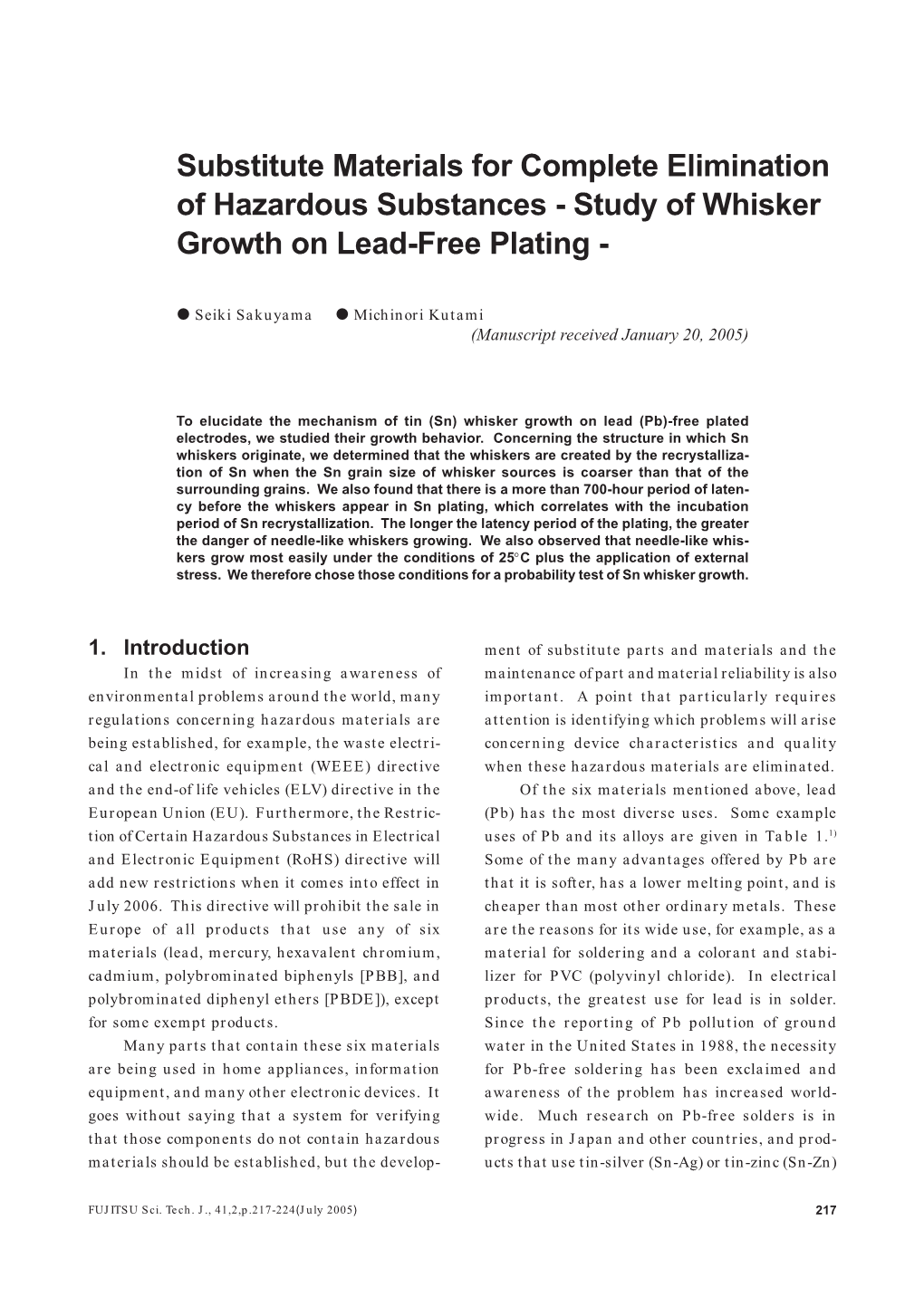 Substitute Materials for Complete Elimination of Hazardous Substances - Study of Whisker Growth on Lead-Free Plating