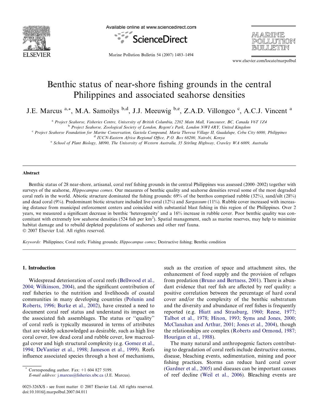 Benthic Status of Near-Shore Fishing Grounds in the Central Philippines