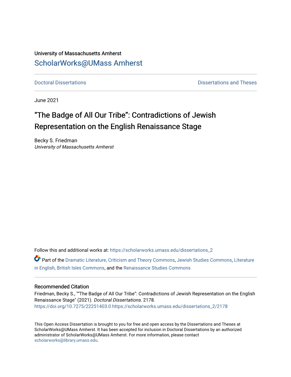 The Badge of All Our Tribe”: Contradictions of Jewish Representation on the English Renaissance Stage