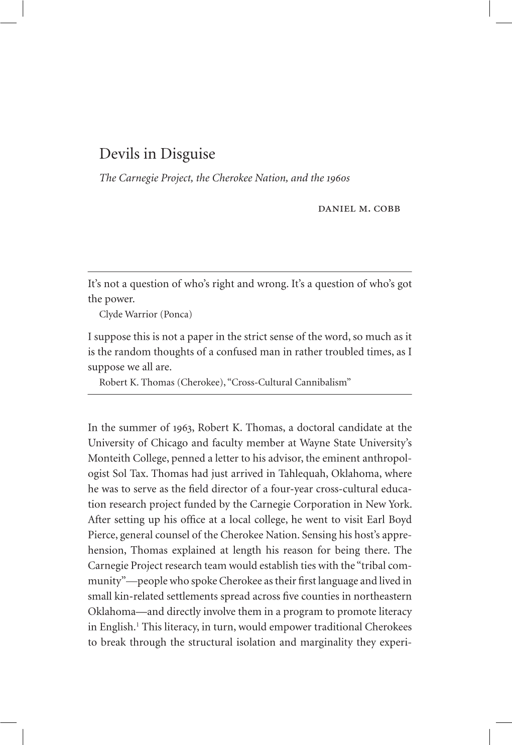 Devils in Disguise the Carnegie Project, the Cherokee Nation, and the 1960S