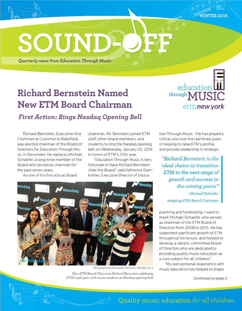 Richard Bernstein Named New ETM Board Chairman First Action: Rings Nasdaq Opening Bell