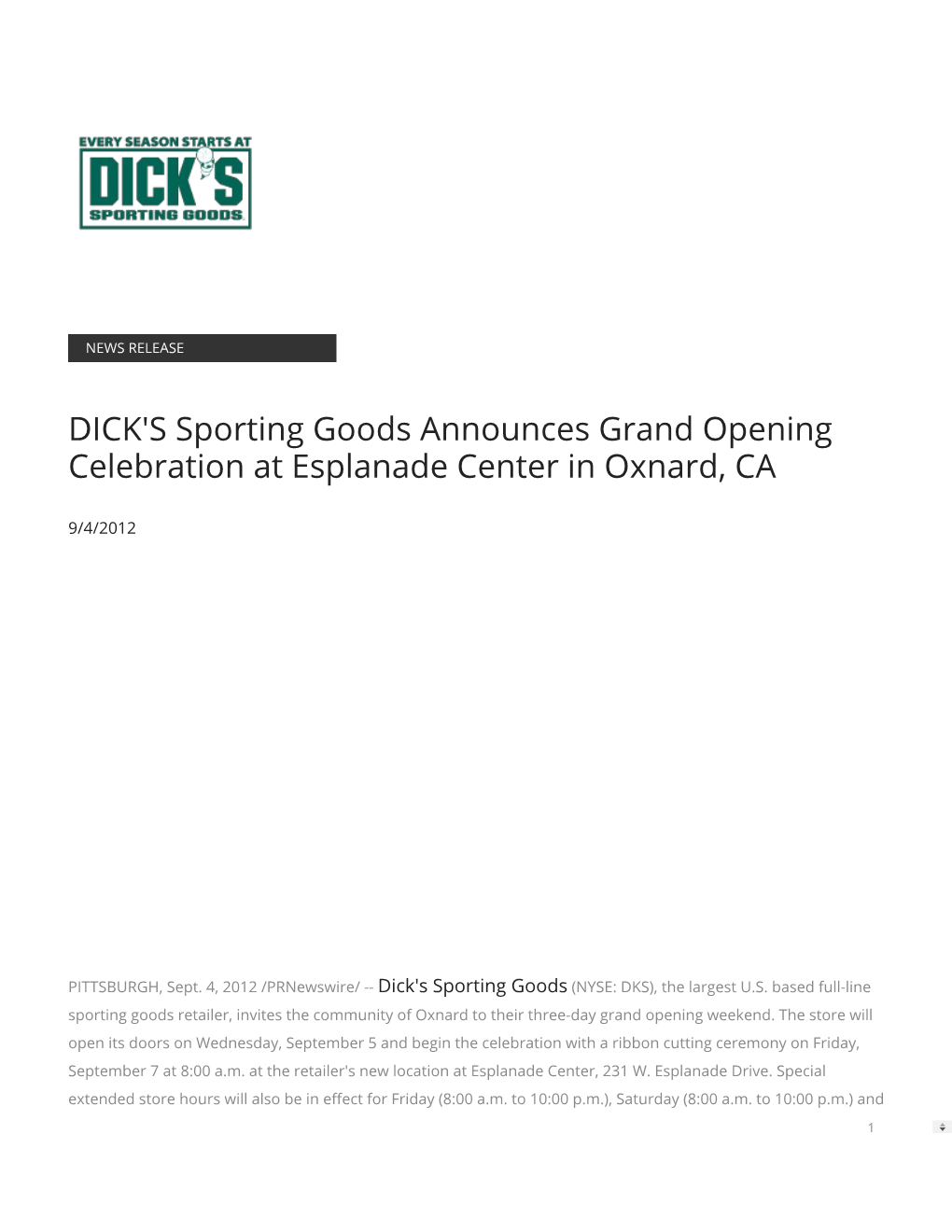 DICK's Sporting Goods Announces Grand Opening Celebration at Esplanade Center in Oxnard, CA