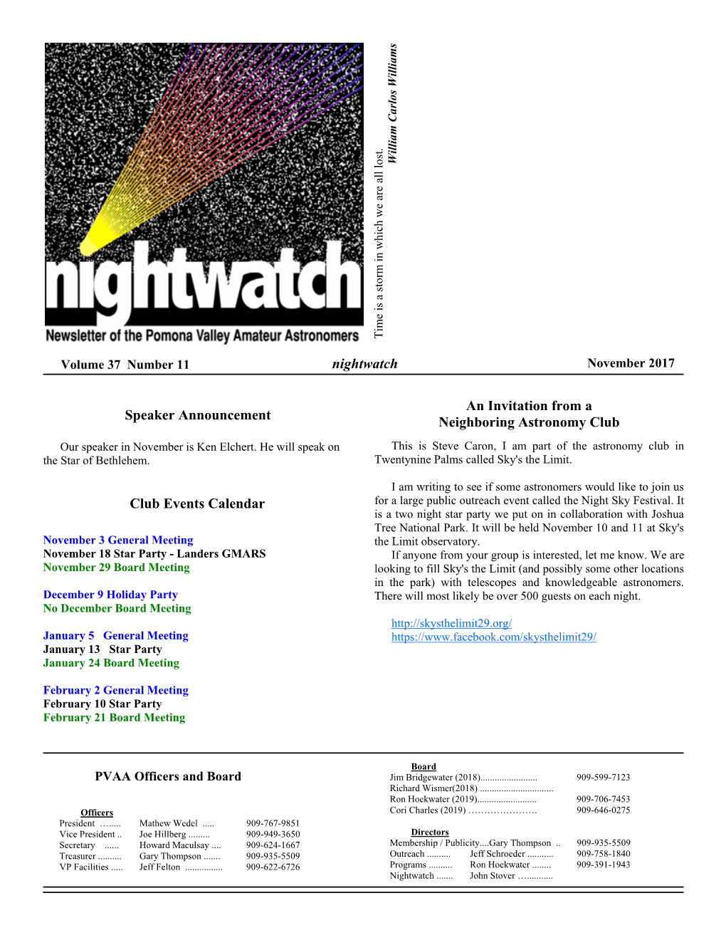 Nightwatch Club Events Calendar Speaker Announcement An