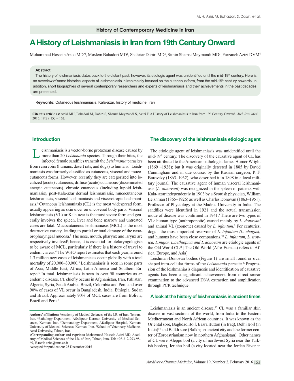 A History of Leishmaniasis in Iran from 19Th Century Onward