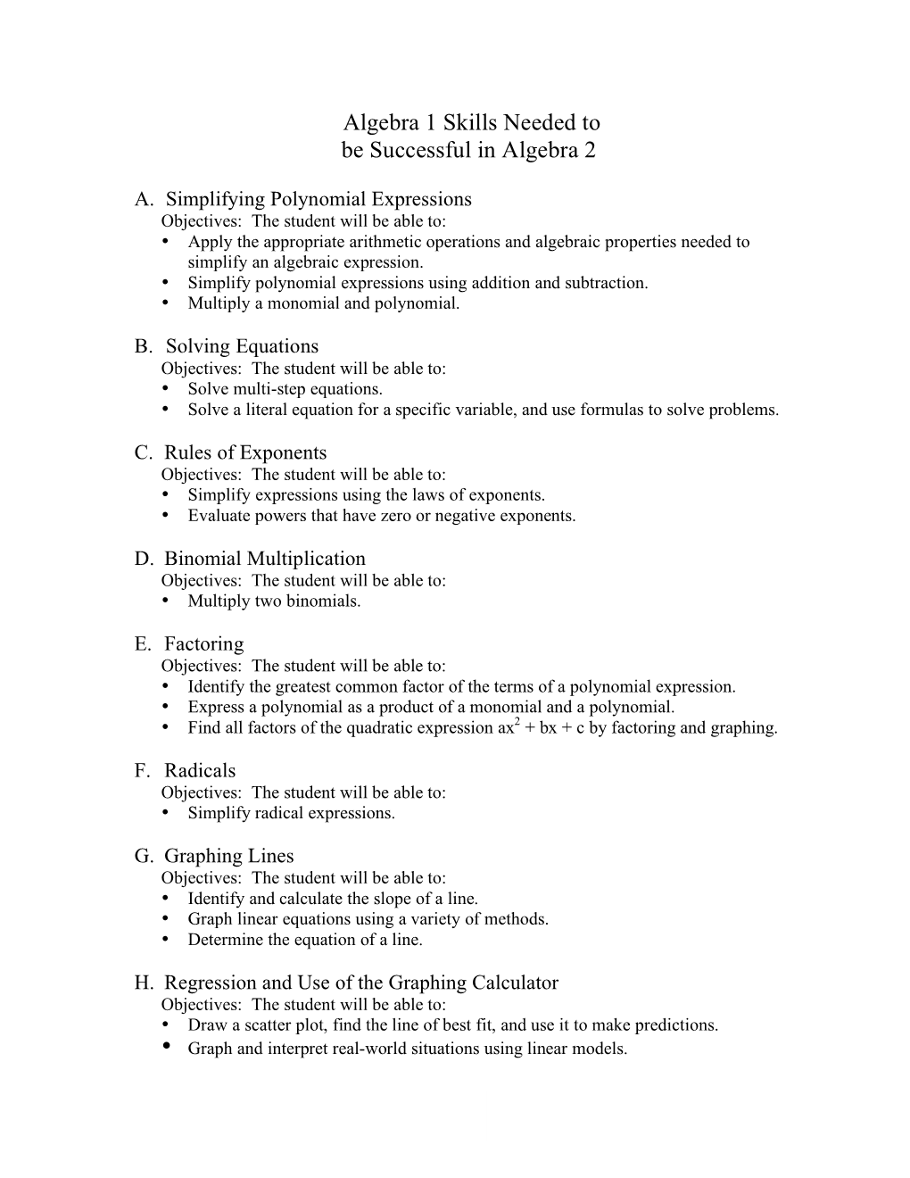 Algebra 1 Skills Needed to Be Successful in Algebra 2