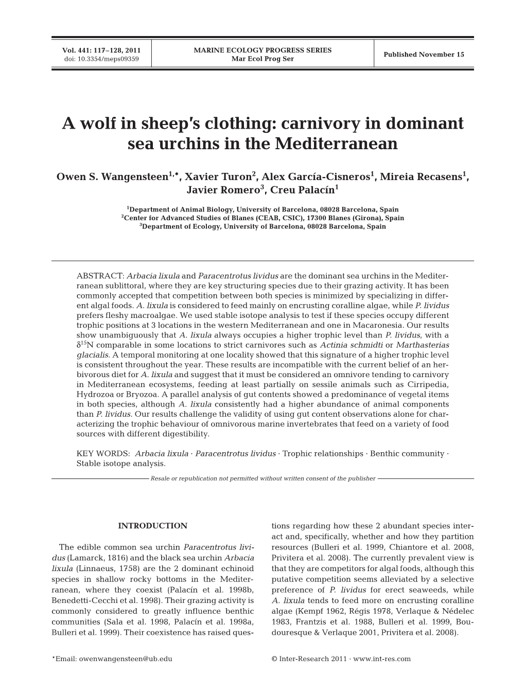 Carnivory in Dominant Sea Urchins in the Mediterranean