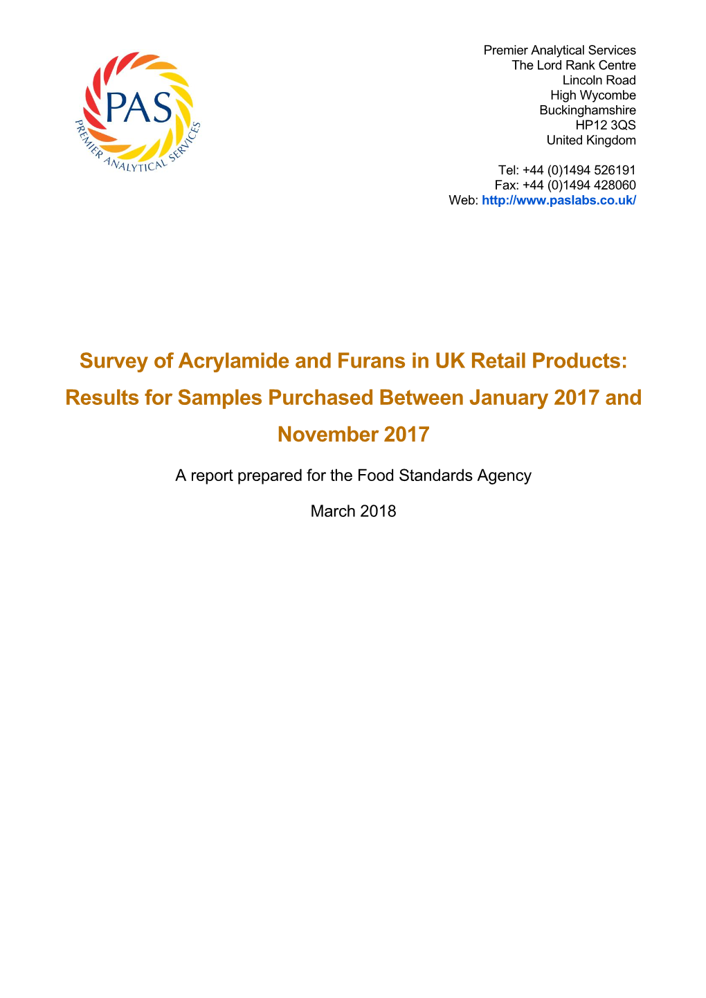 Survey of Acrylamide and Furans in UK Retail Products: Results for Samples Purchased Between January 2017 and November 2017