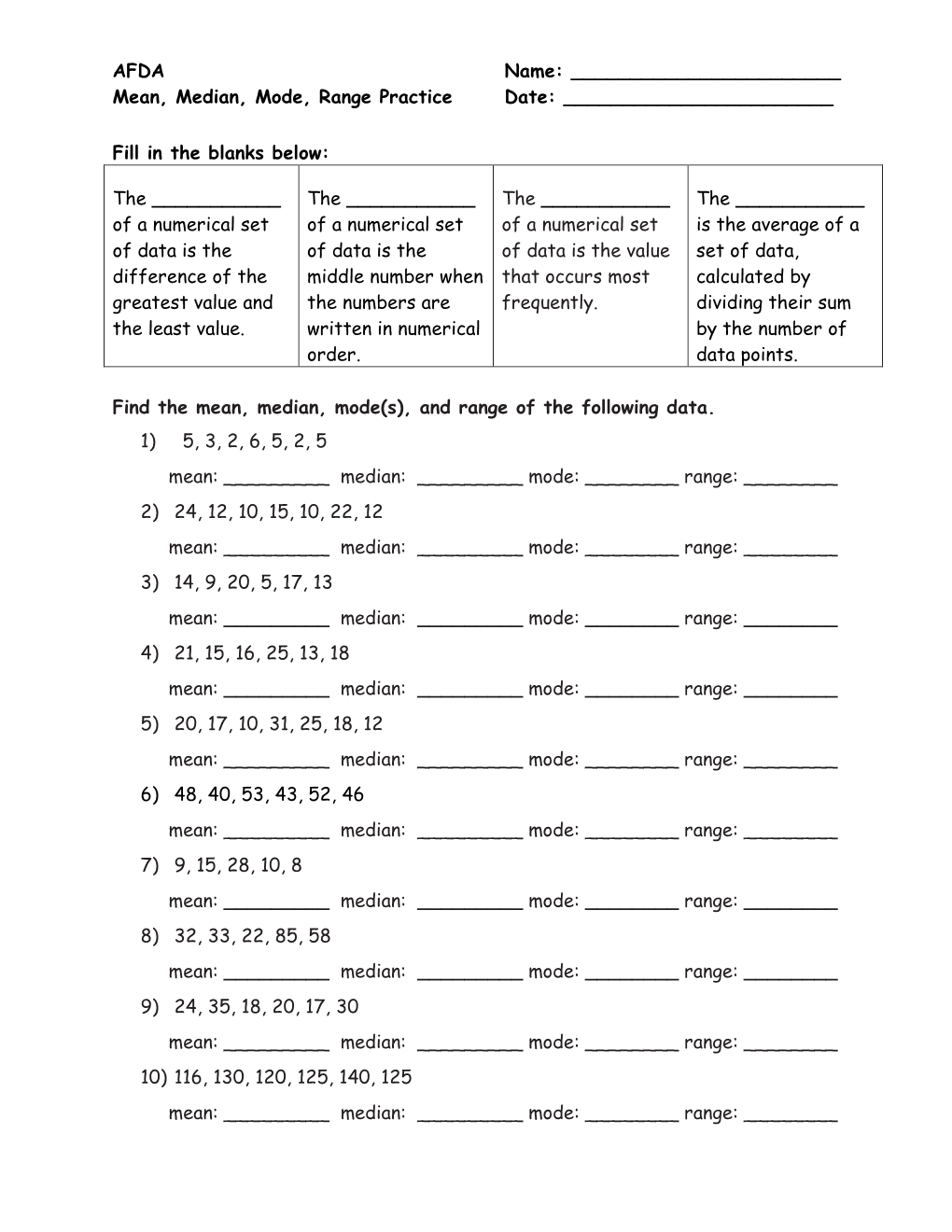 Mean, Median, Mode, Range Practice Date: ______