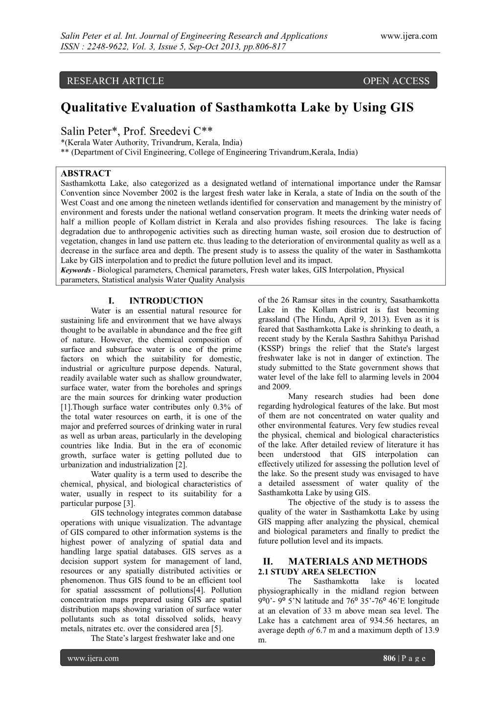 Qualitative Evaluation of Sasthamkotta Lake by Using GIS