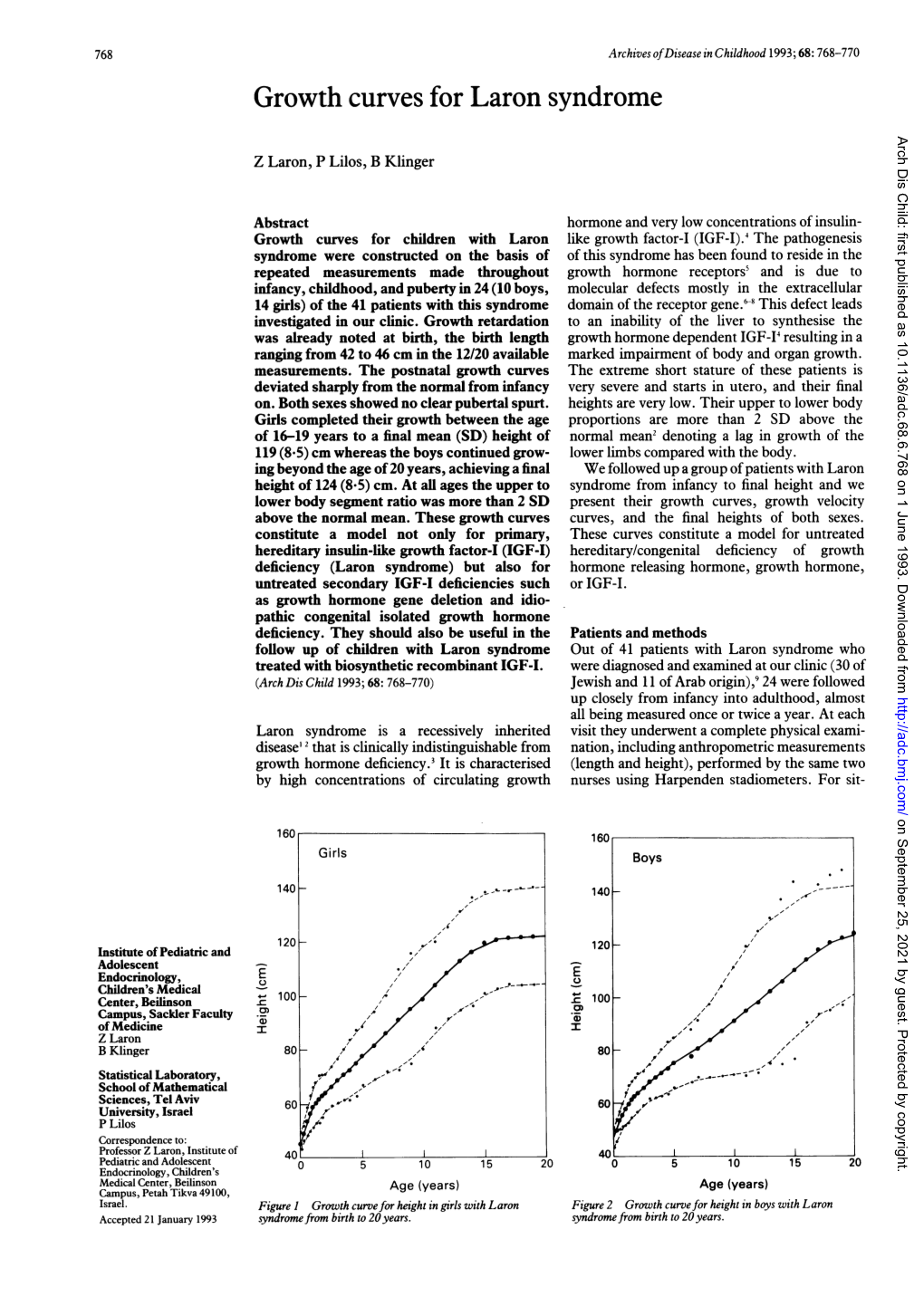 Growth Curves for Laron Syndrome Arch Dis Child: First Published As 10.1136/Adc.68.6.768 on 1 June 1993