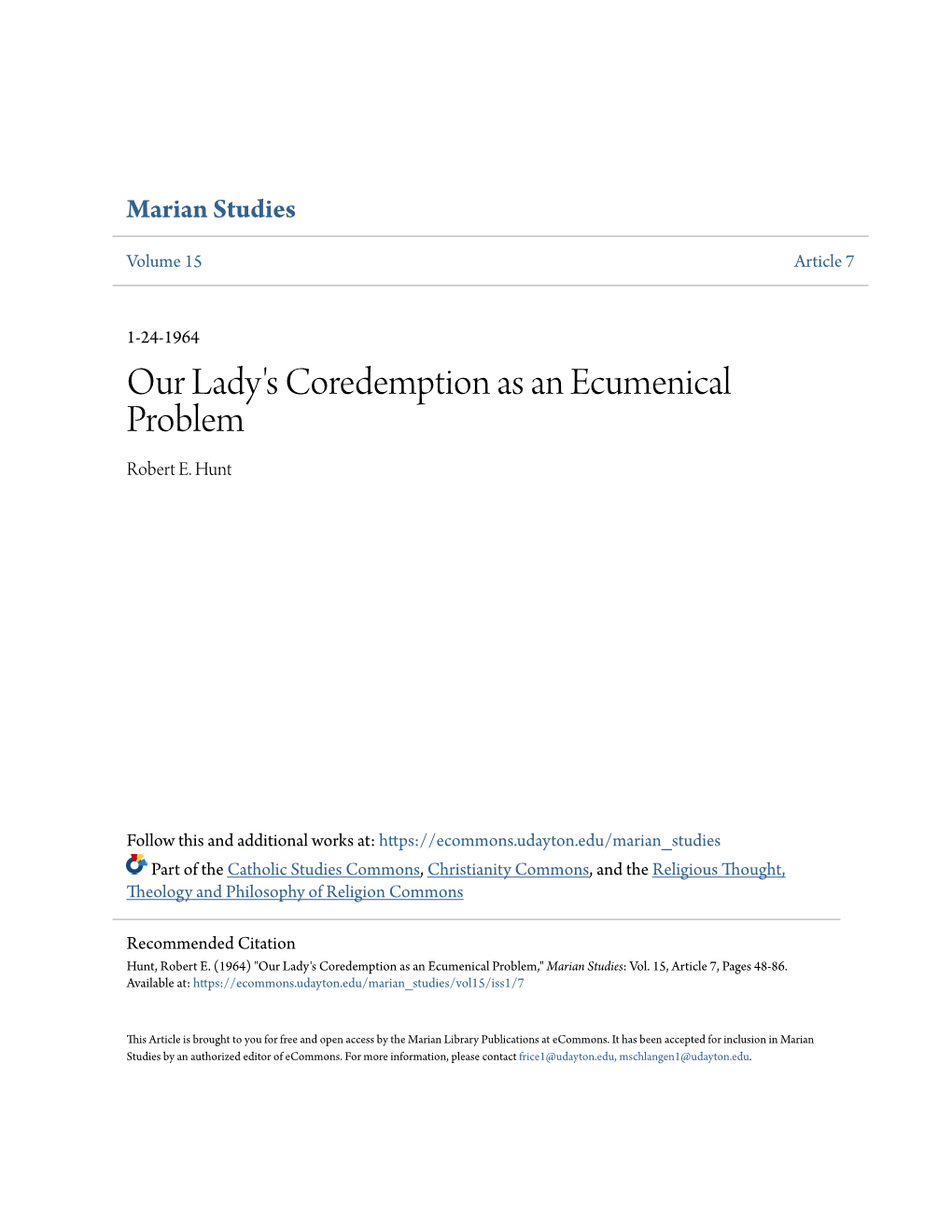 Our Lady's Coredemption As an Ecumenical Problem Robert E