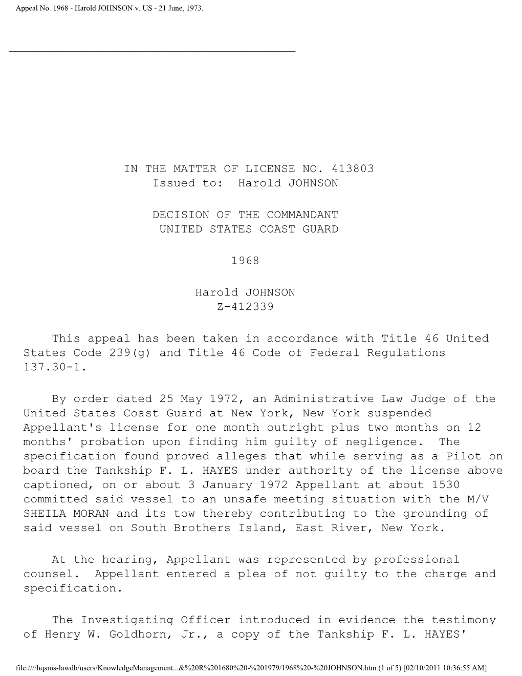 Appeal No. 1968 - Harold JOHNSON V