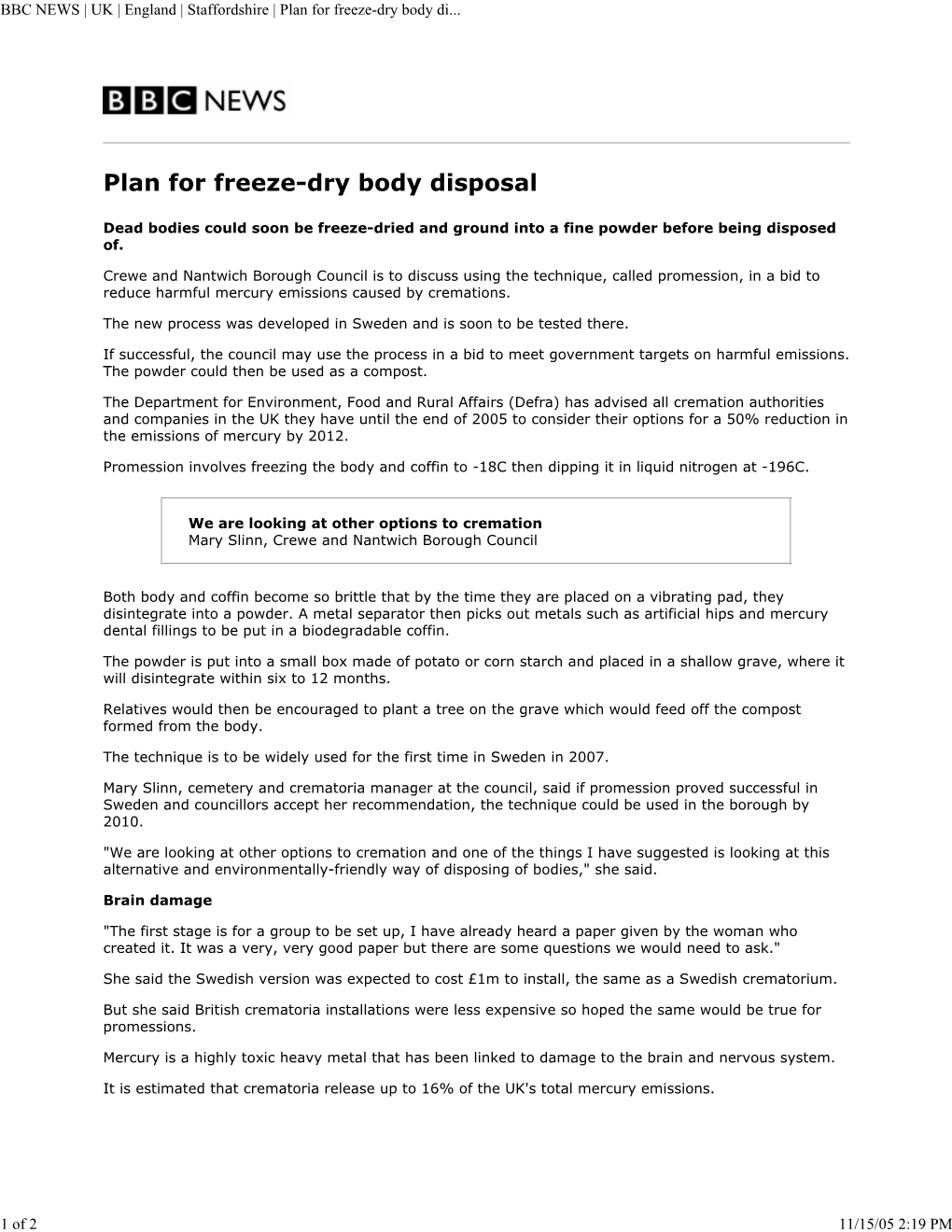 Plan for Freeze-Dry Body Disposal