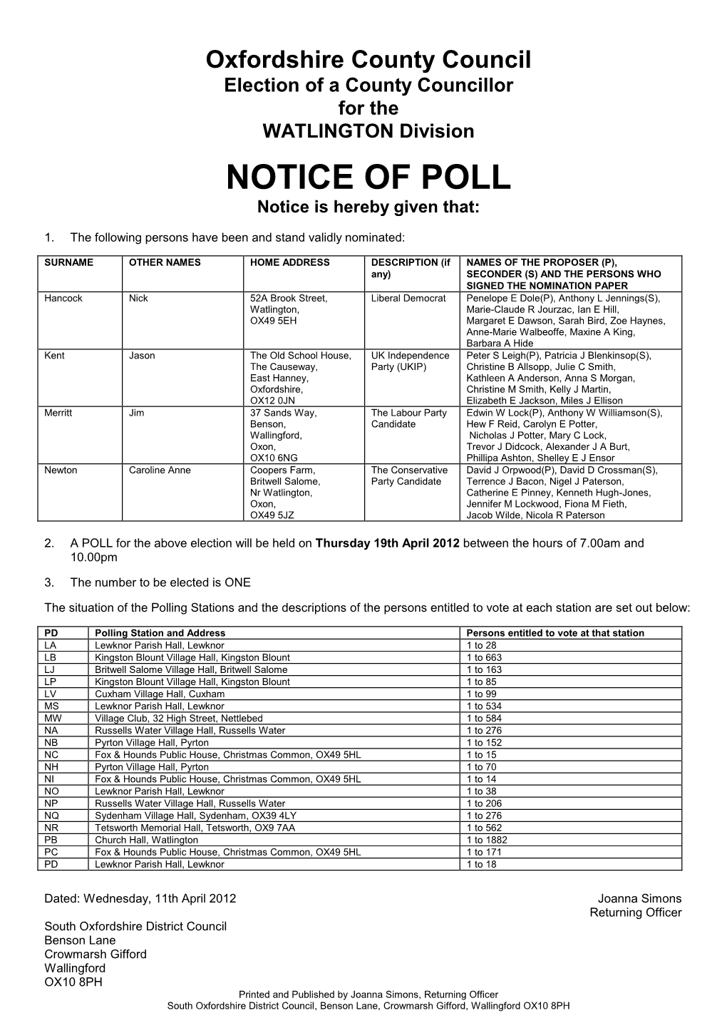 NOTICE of POLL Notice Is Hereby Given That