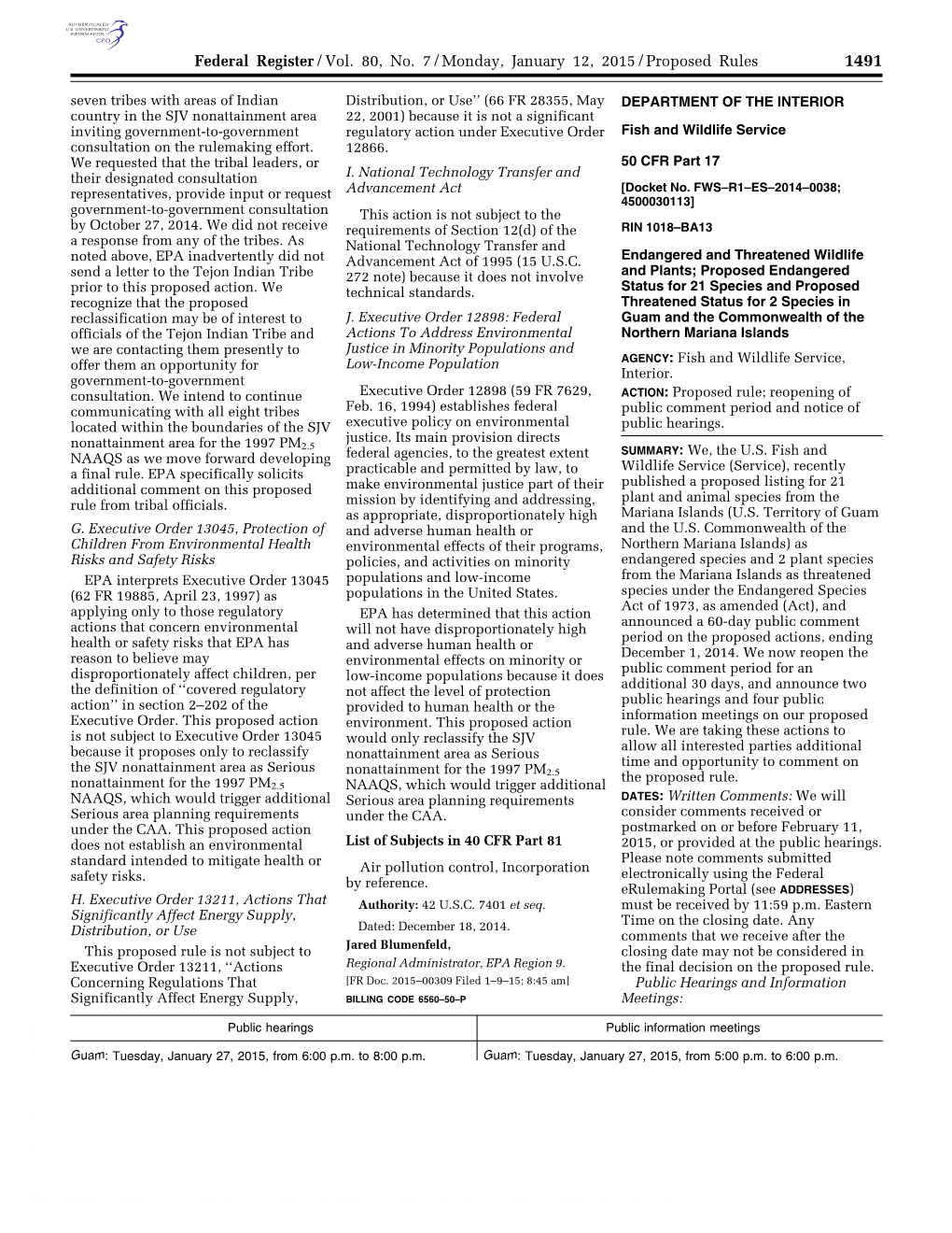 Federal Register/Vol. 80, No. 7/Monday, January 12, 2015