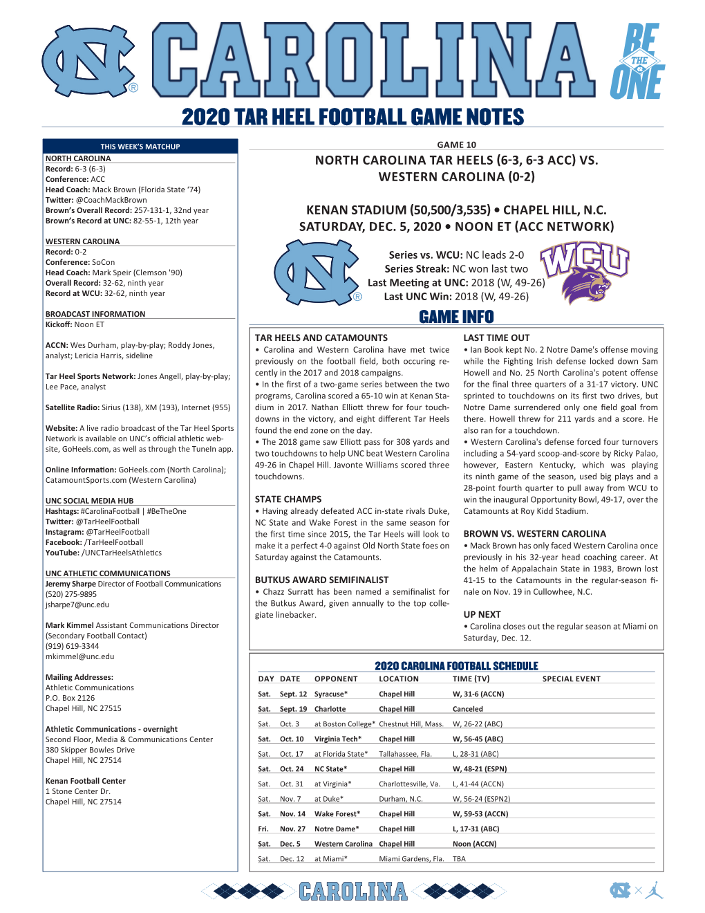 2020 Tar Heel Football Game Notes