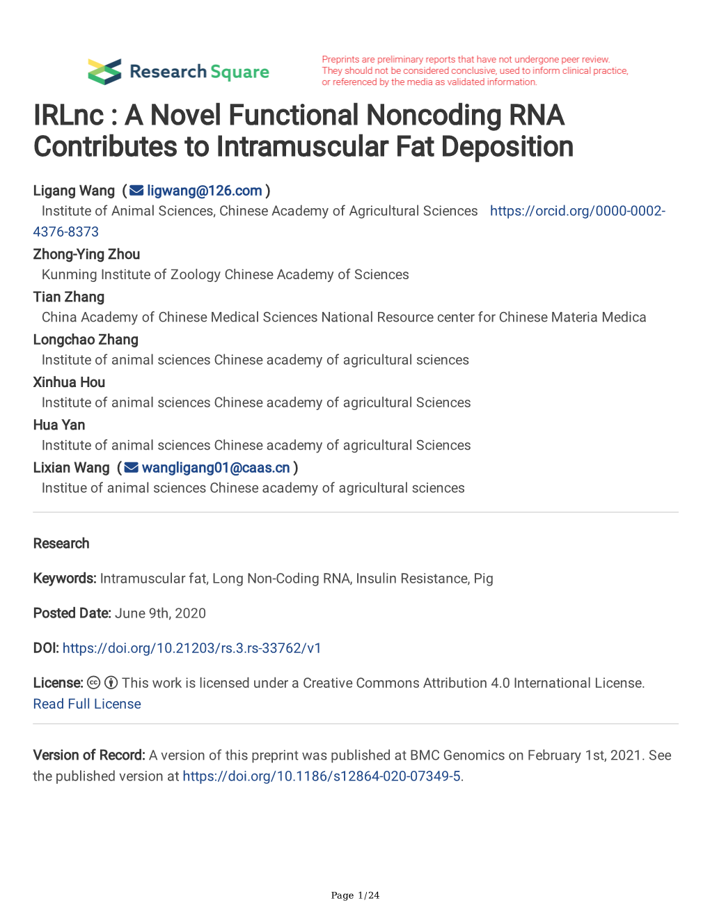 Irlnc : a Novel Functional Noncoding RNA Contributes to Intramuscular Fat Deposition