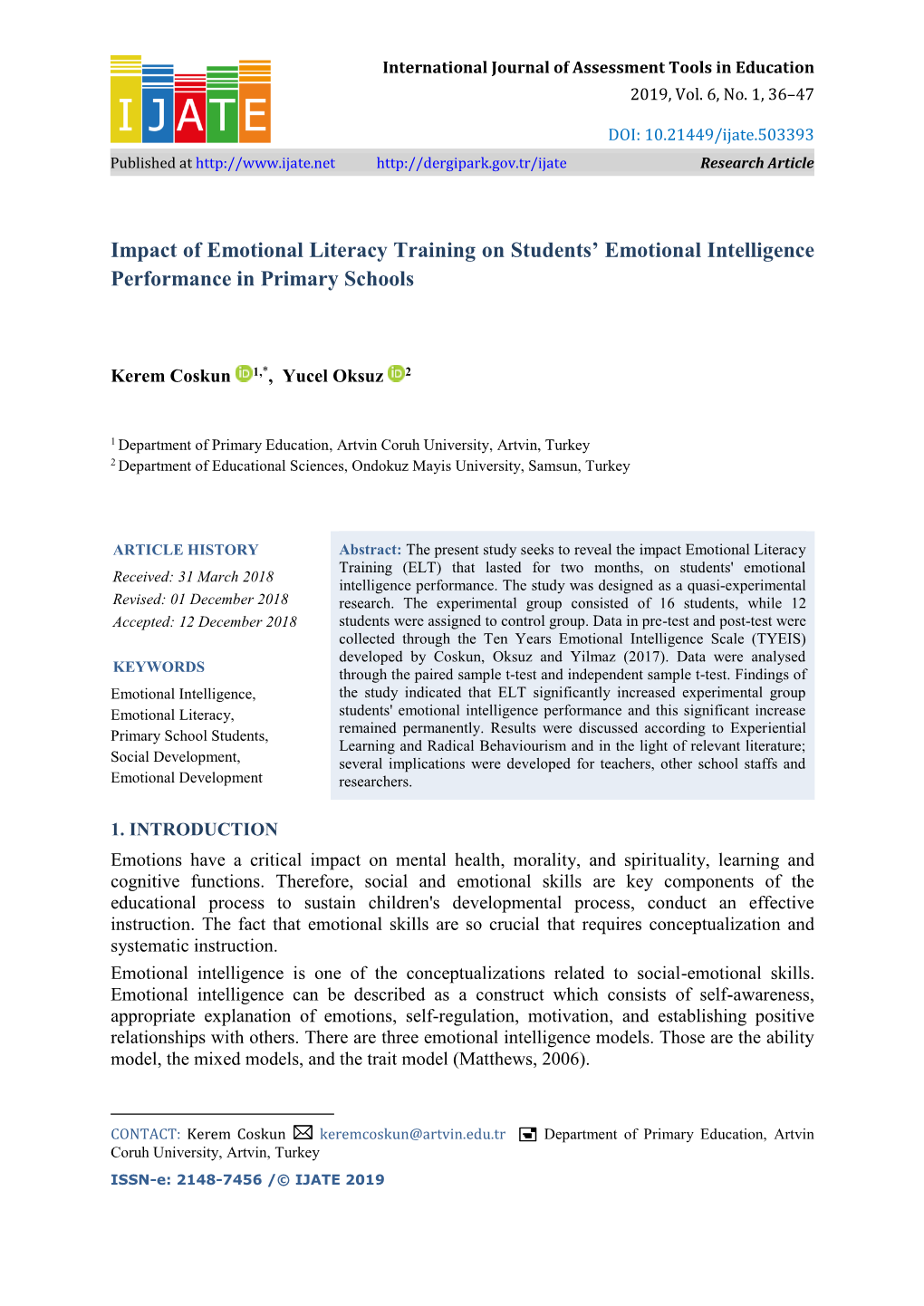 Impact of Emotional Literacy Training on Students' Emotional Intelligence Performance in Primary Schools