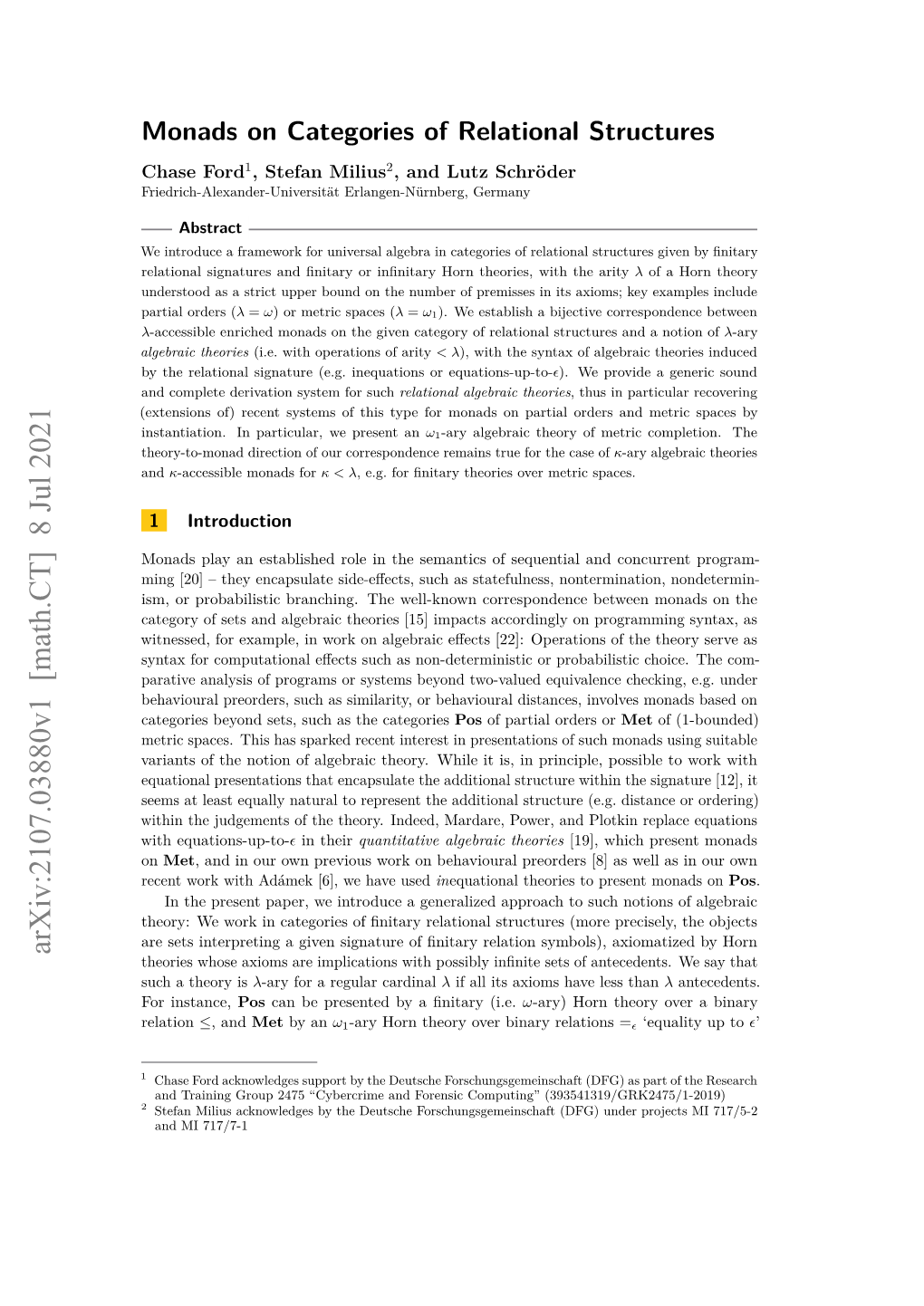 Monads on Categories of Relational Structures Chase Ford1, Stefan Milius2, and Lutz Schröder Friedrich-Alexander-Universität Erlangen-Nürnberg, Germany