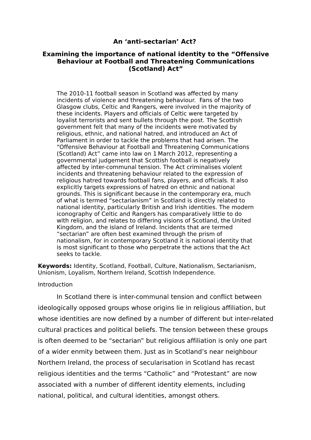 Examining the Importance of National Identity to the “Offensive Behaviour at Football and Threatening Communications (Scotland) Act”