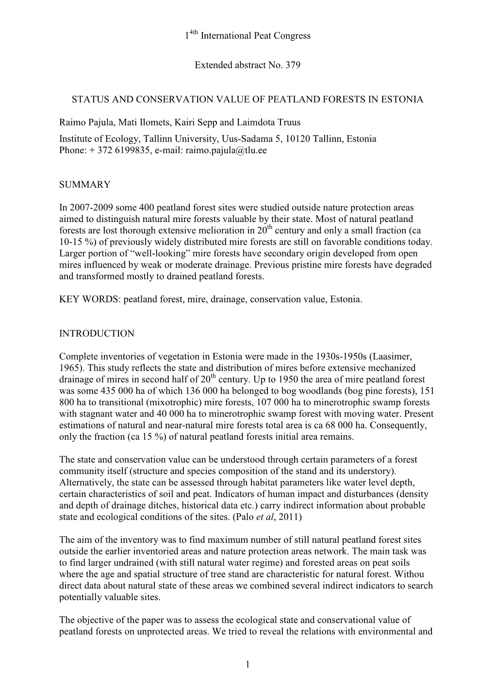 Pajula Et Al 2012: Status and Conservation Value of Peatland