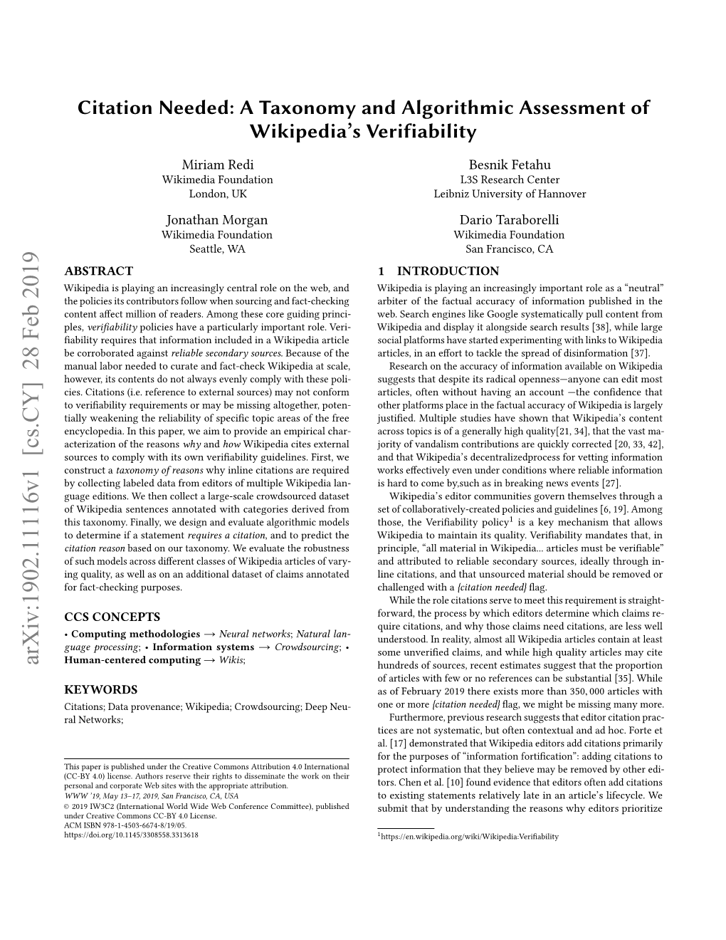 Citation Needed: a Taxonomy and Algorithmic Assessment of Wikipedia’S Verifiability