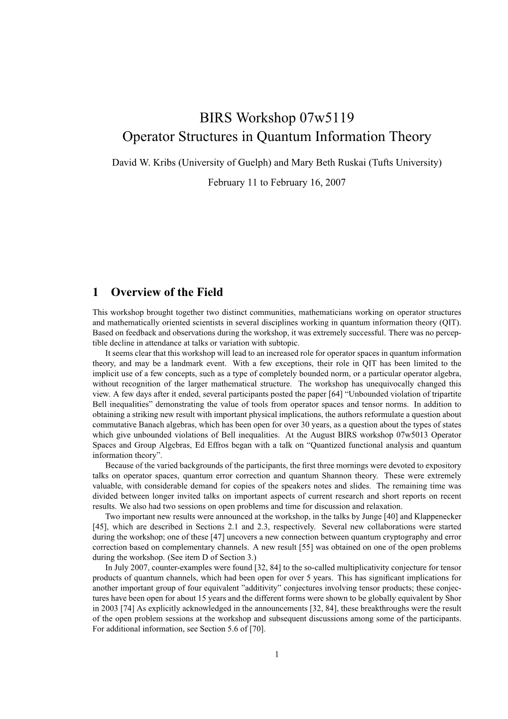BIRS Workshop 07W5119 Operator Structures in Quantum Information Theory
