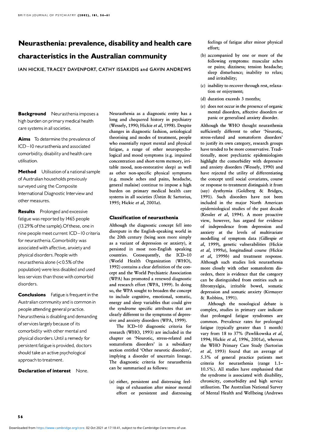 Neurasthenia: Prevalence, Disability and Health Care Characteristics In