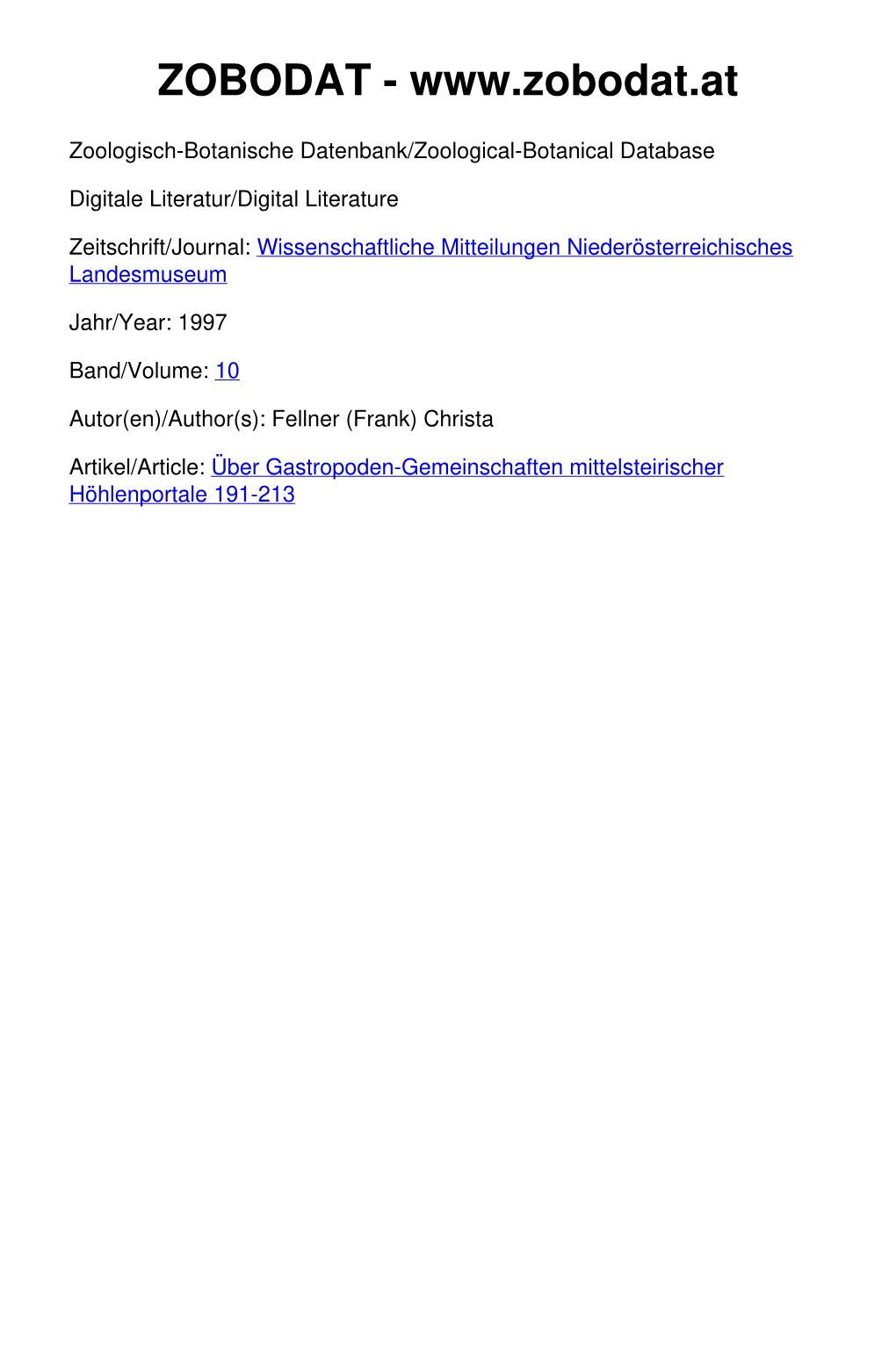 Über Gastropoden-Gemeinschaften Mittelsteirischer Höhlenportale 191-213 ©Amt Der Niederösterreichischen Landesregierung,, Download Unter
