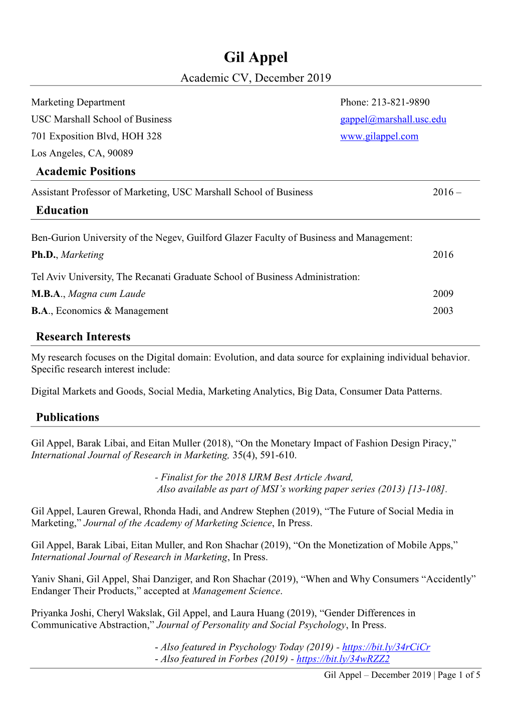 Gil Appel Academic CV, December 2019