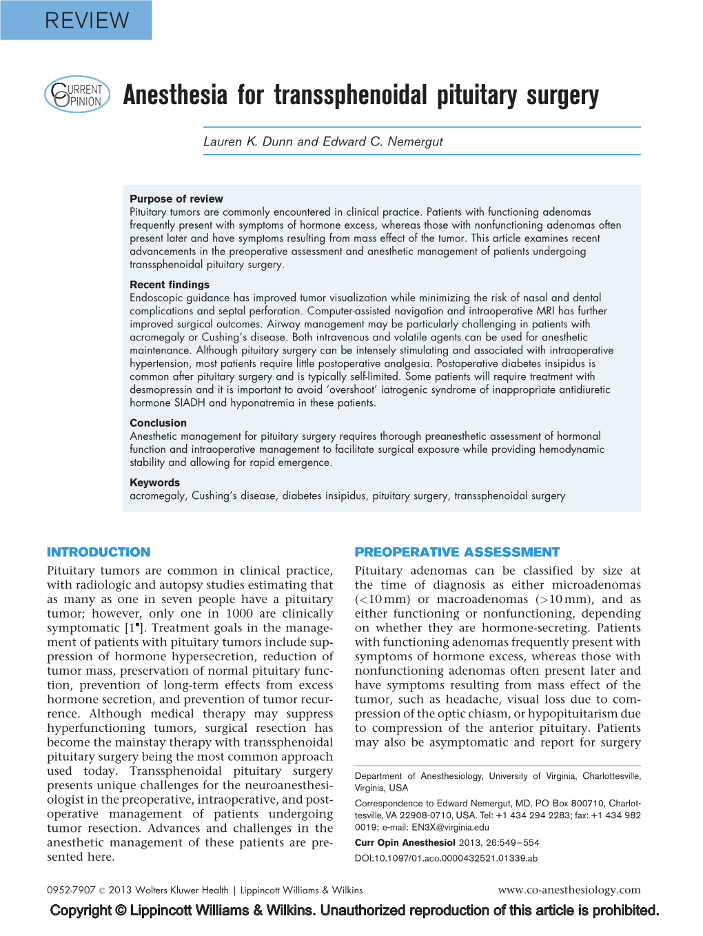 Anesthesia for Transsphenoidal Pituitary Surgery