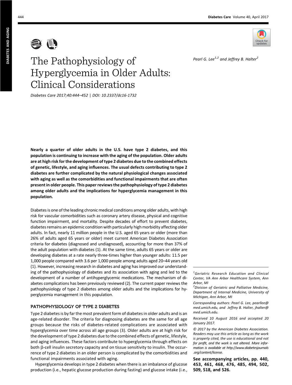 The Pathophysiology of Hyperglycemia in Older Adults: Clinical Considerations Diabetes Care 2017;40:444–452 | DOI: 10.2337/Dc16-1732