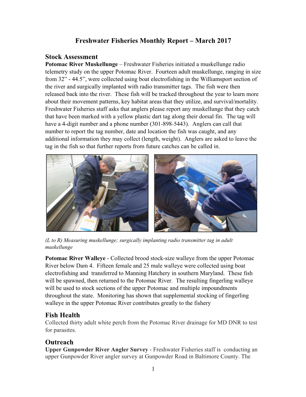 Freshwater Fisheries Monthly Report – March 2017 Stock Assessment Fish Health Outreach