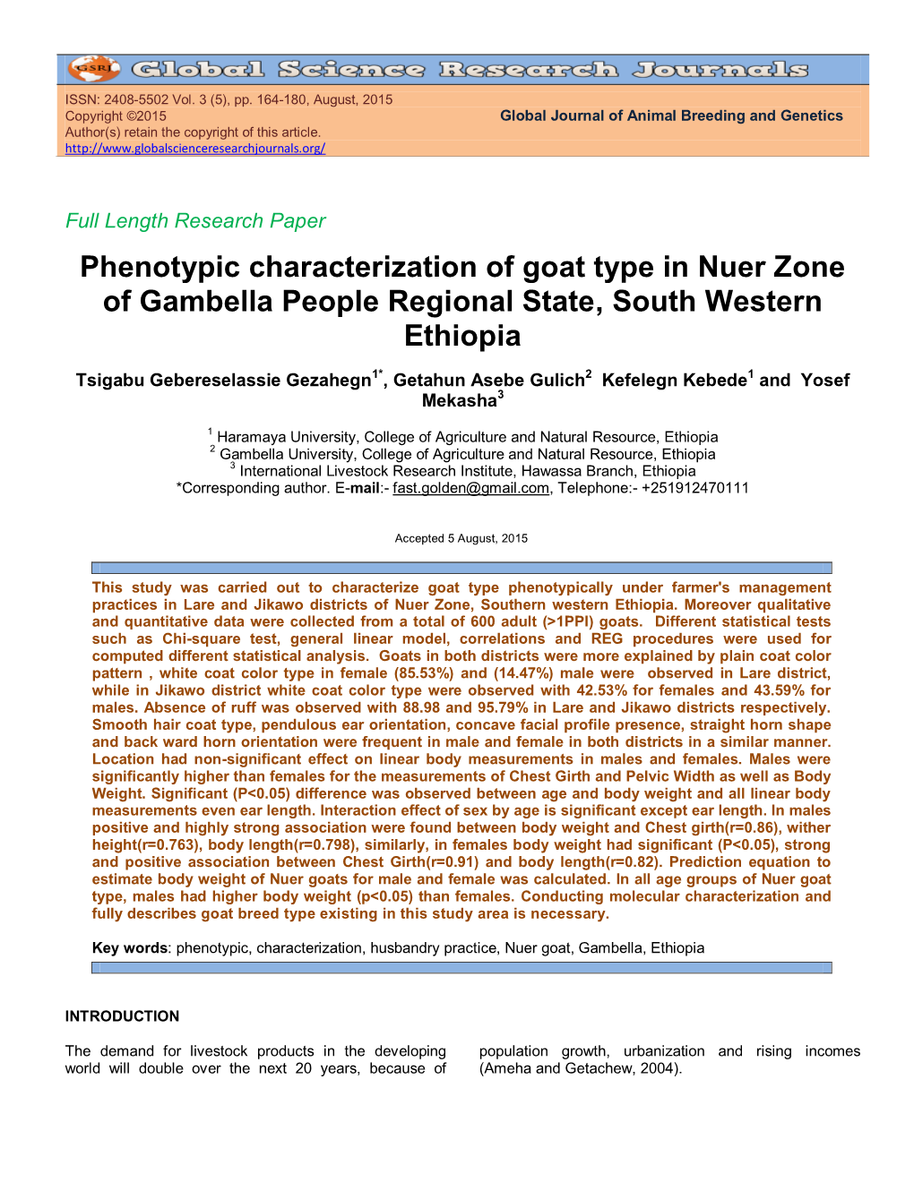 Phenotypic Characterization of Goat Type in Nuer Zone of Gambella People Regional State, South Western Ethiopia
