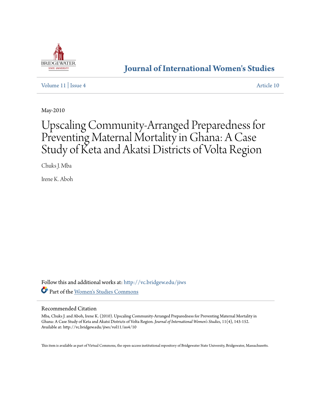 Upscaling Community-Arranged Preparedness for Preventing Maternal Mortality in Ghana: a Case Study of Keta and Akatsi Districts of Volta Region Chuks J