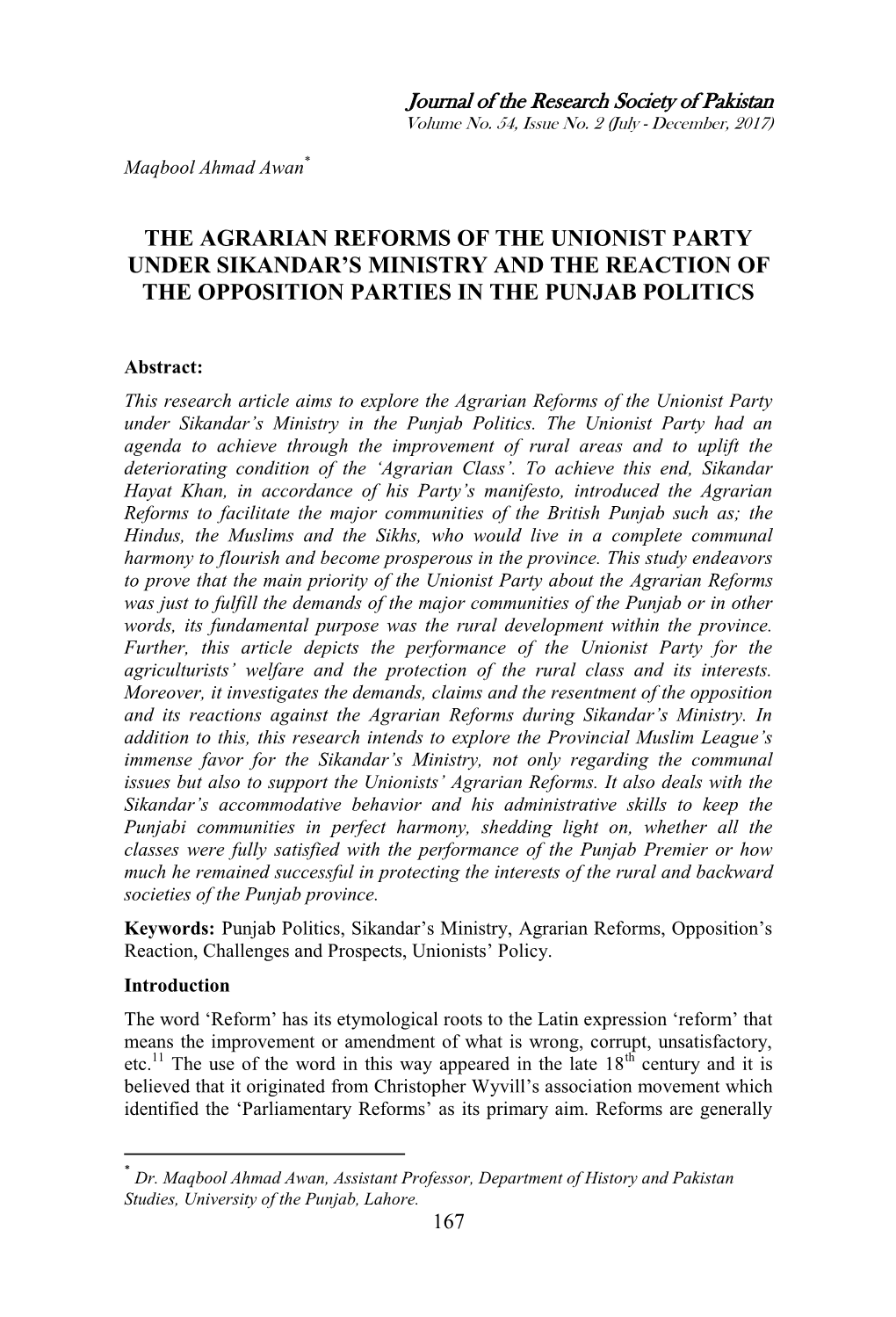 The Agrarian Reforms of the Unionist Party Under Sikandar's Ministry and the Reaction of the Opposition