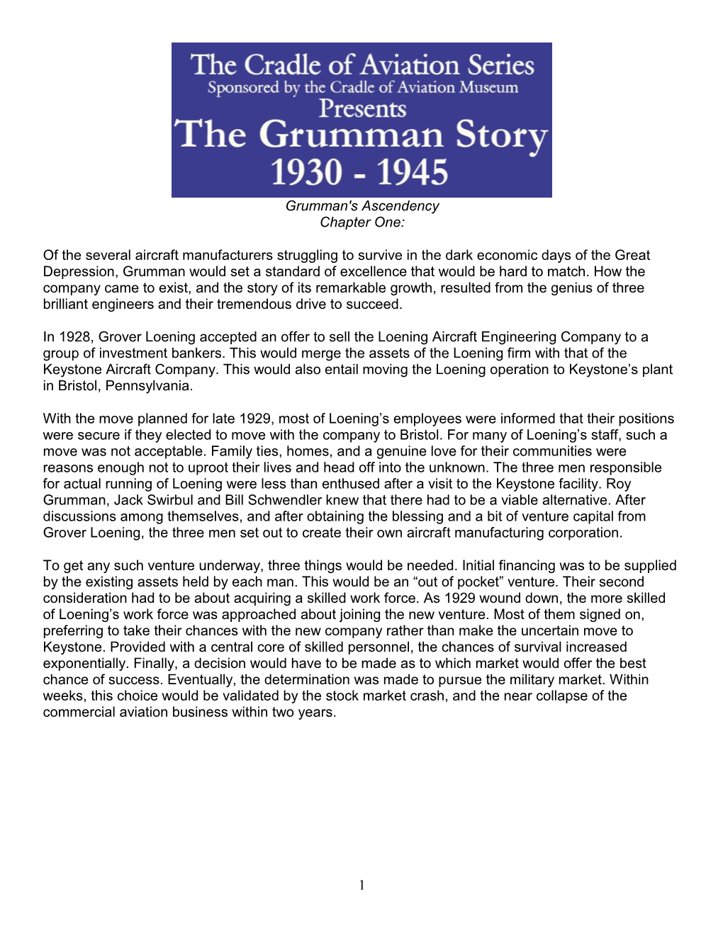 1 Grumman's Ascendency Chapter One: of the Several Aircraft