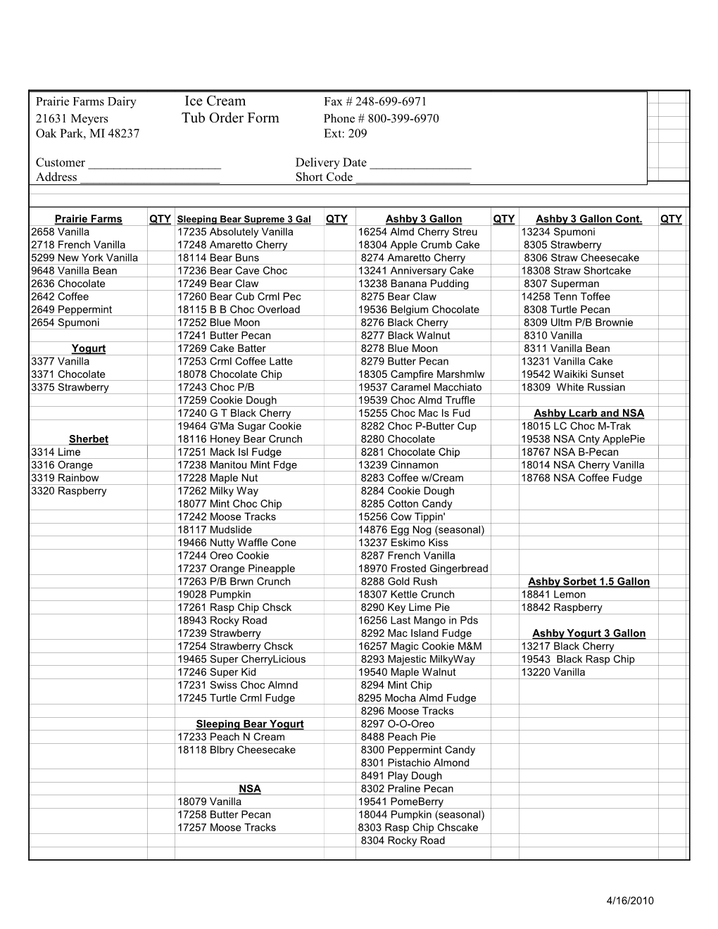 Ice Cream Tub Order Form