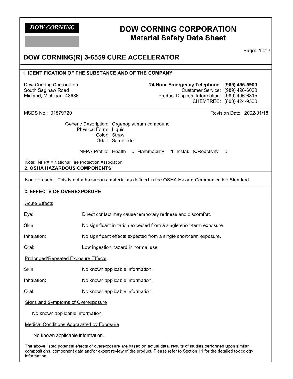 DOW CORNING CORPORATION Material Safety Data Sheet