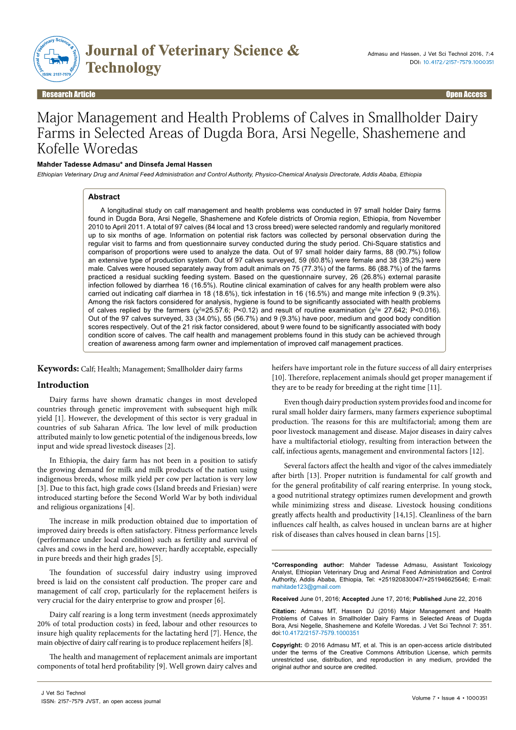 Major Management and Health Problems of Calves in Smallholder