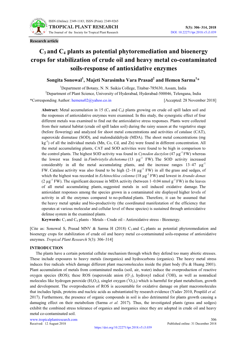 C3 and C4 Plants As Potential Phytoremediation and Bioenergy